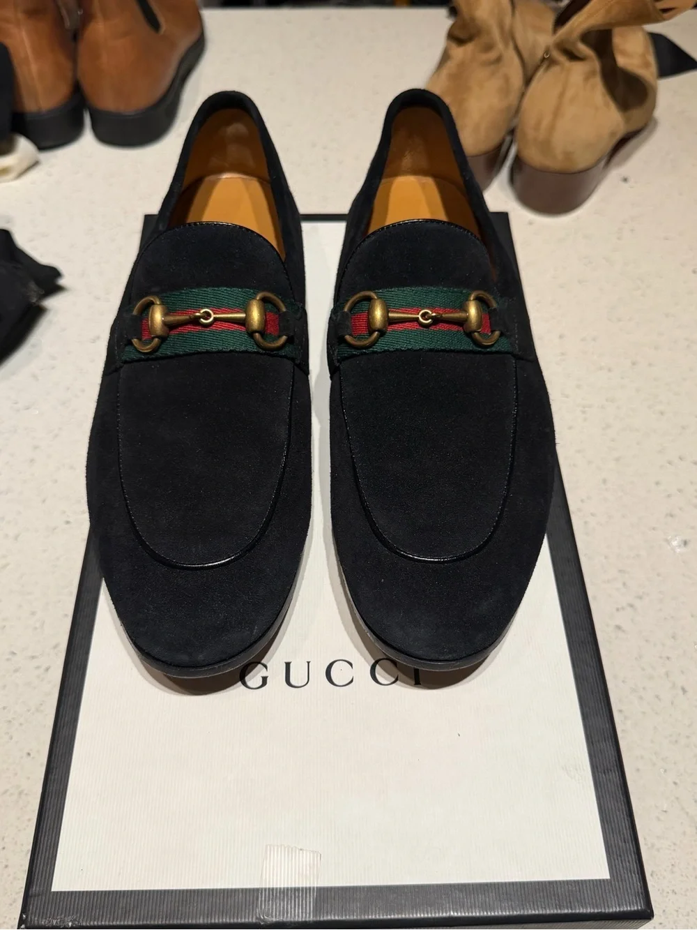Gucci Black Suede Loafers with Green-Red Web and Gold Horsebit