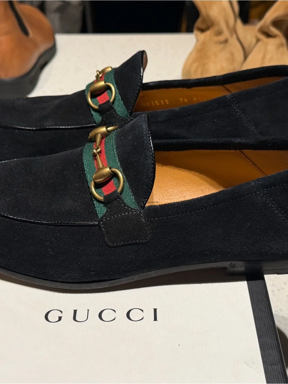Gucci Black Suede Loafers with Green-Red Web and Gold Horsebit