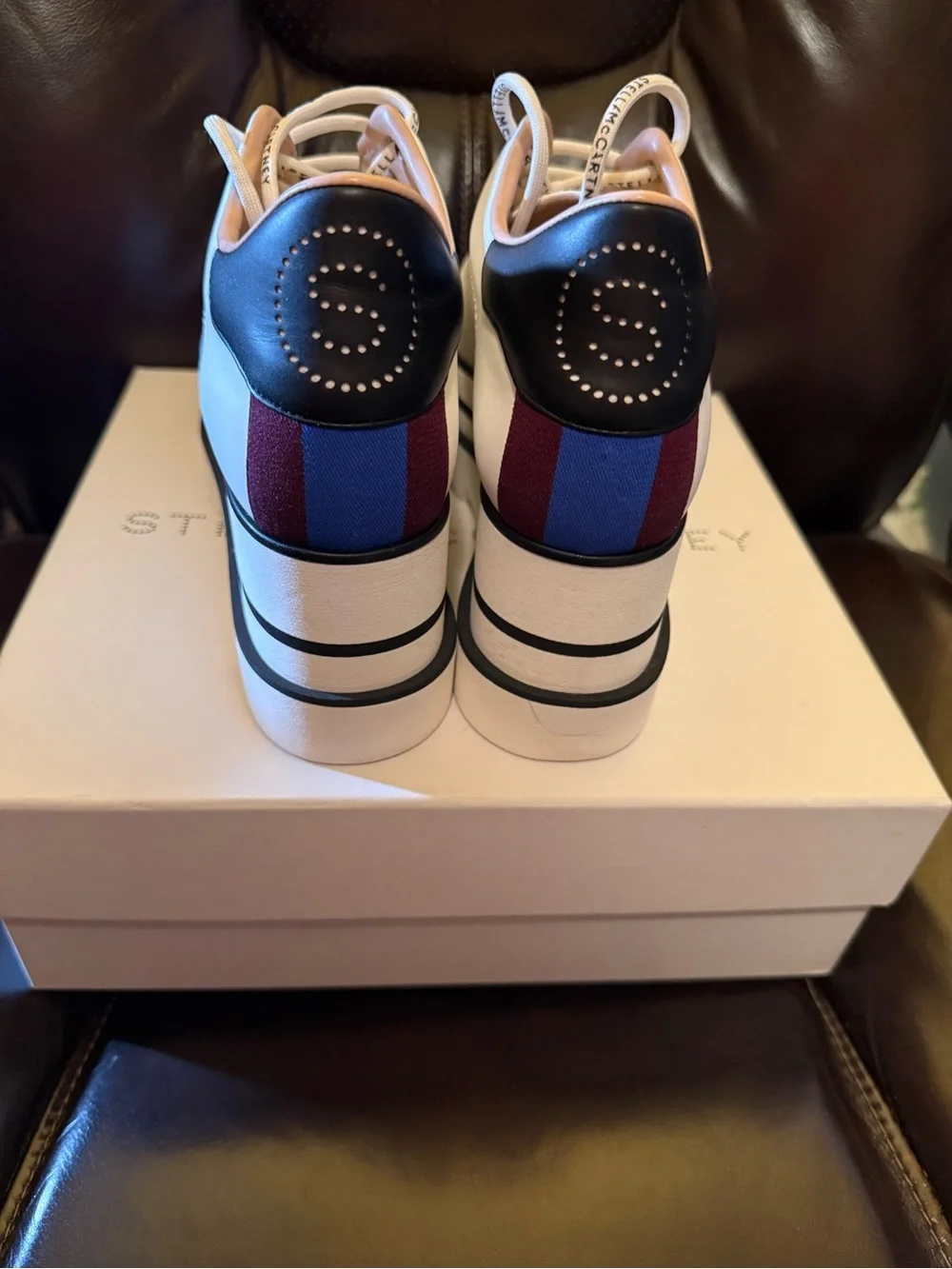 Stella McCartney White Platform Lace-Up Sneakers with Black & Navy Accents