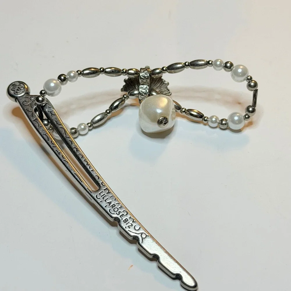 Lilla Rose Silver Pearl Fan Flexi Hair Clip Beaded Hairpin Accessory Medium