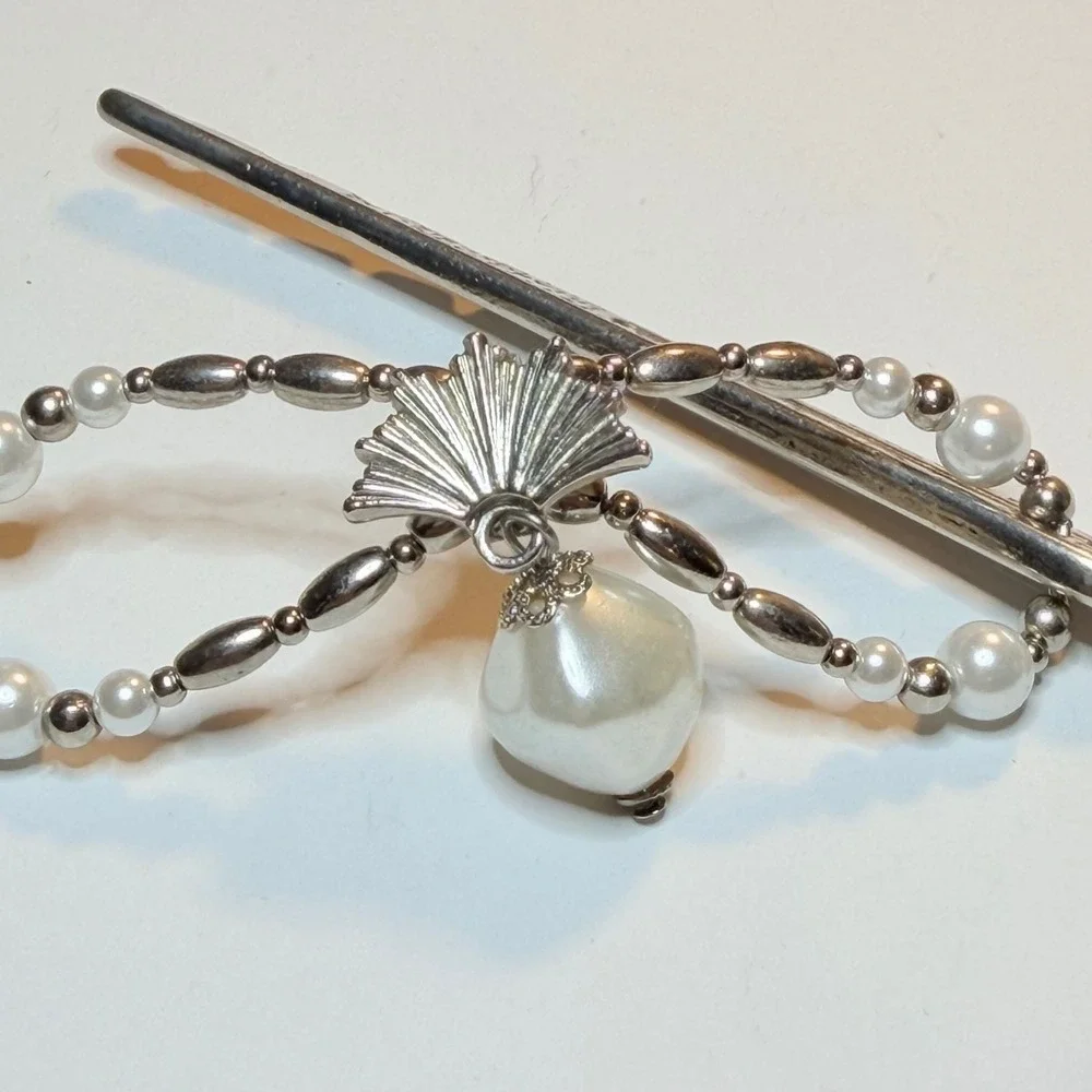 Lilla Rose Silver Pearl Fan Flexi Hair Clip Beaded Hairpin Accessory Medium