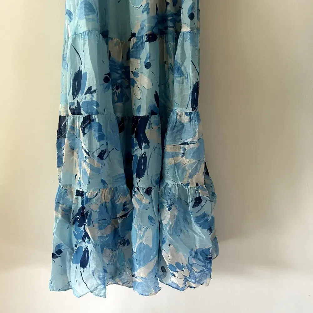 Abercrombie & Fitch Blue Print Ruched Tiered Babydoll Maxi Dress Size S NWT