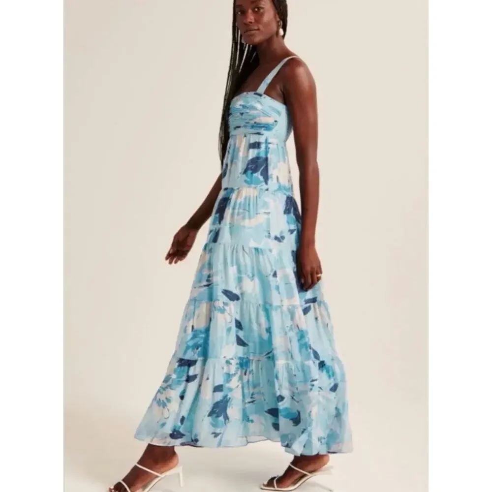 Abercrombie & Fitch Blue Print Ruched Tiered Babydoll Maxi Dress Size S NWT