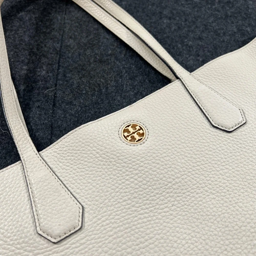 Tory Burch Perry Tote Womens Large White Black Leather Shoulder Bag Handbag