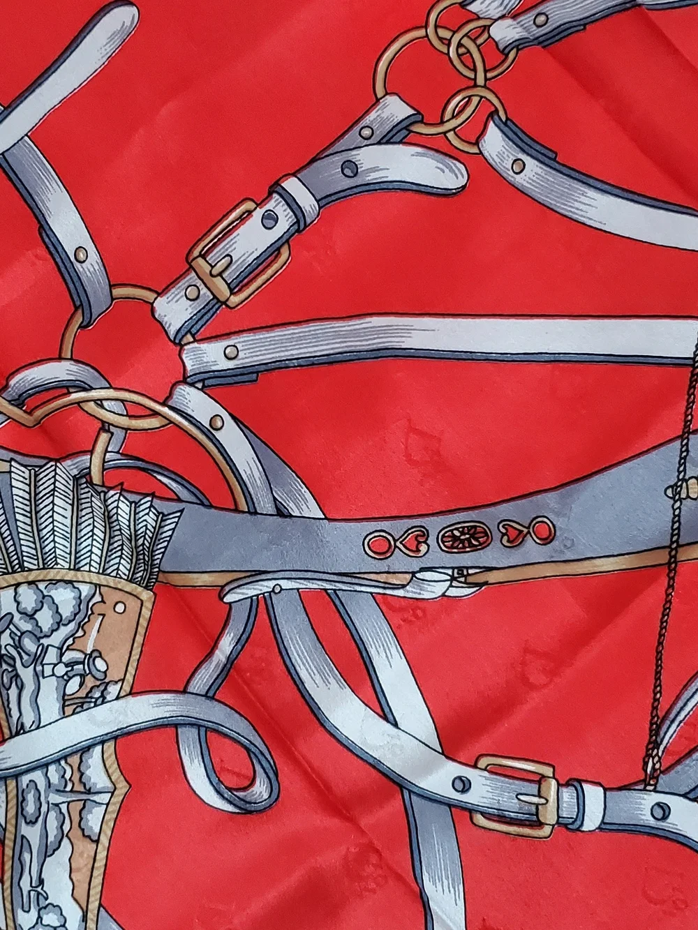 Vintage Christian Dior Silk Scarf Equestrian Hunting Weapon Motif Red Navy Blue