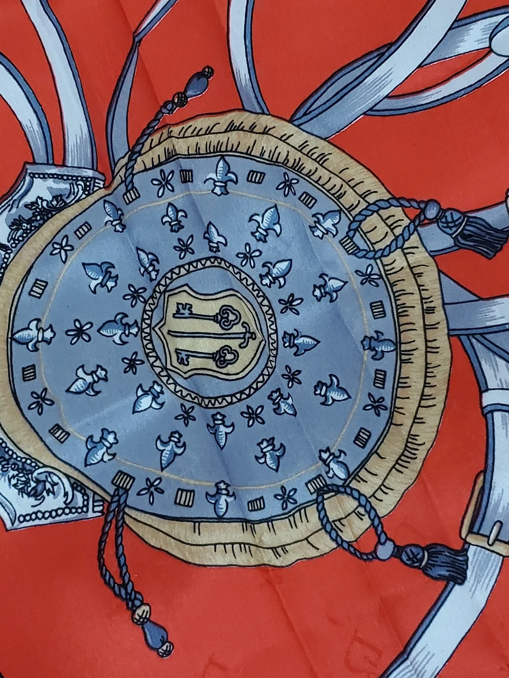 Vintage Christian Dior Silk Scarf Equestrian Hunting Weapon Motif Red Navy Blue
