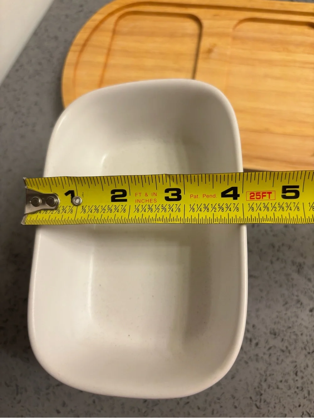 Crate & Barrel White Ceramic Triple Serving Dish on Bamboo Tray
