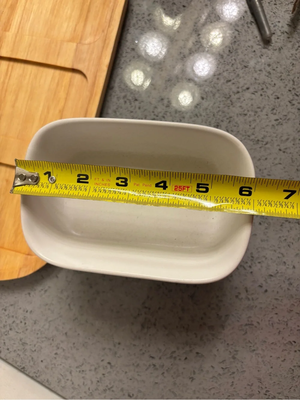 Crate & Barrel White Ceramic Triple Serving Dish on Bamboo Tray