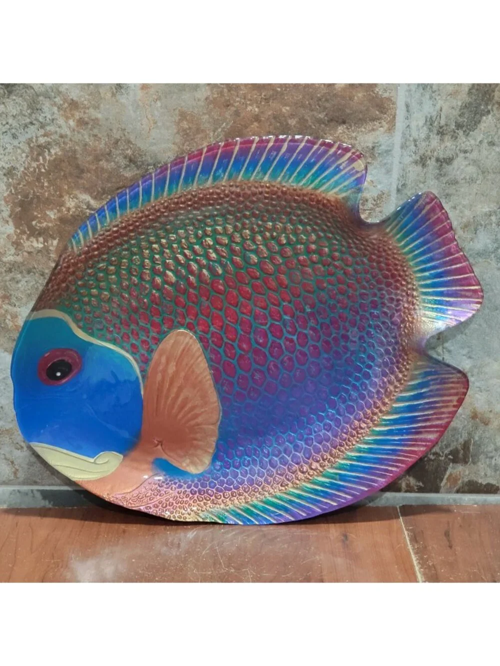 Iridescent Glass Parrotfish Decorative Tray Signed SOIF CD Mathis Large Serving