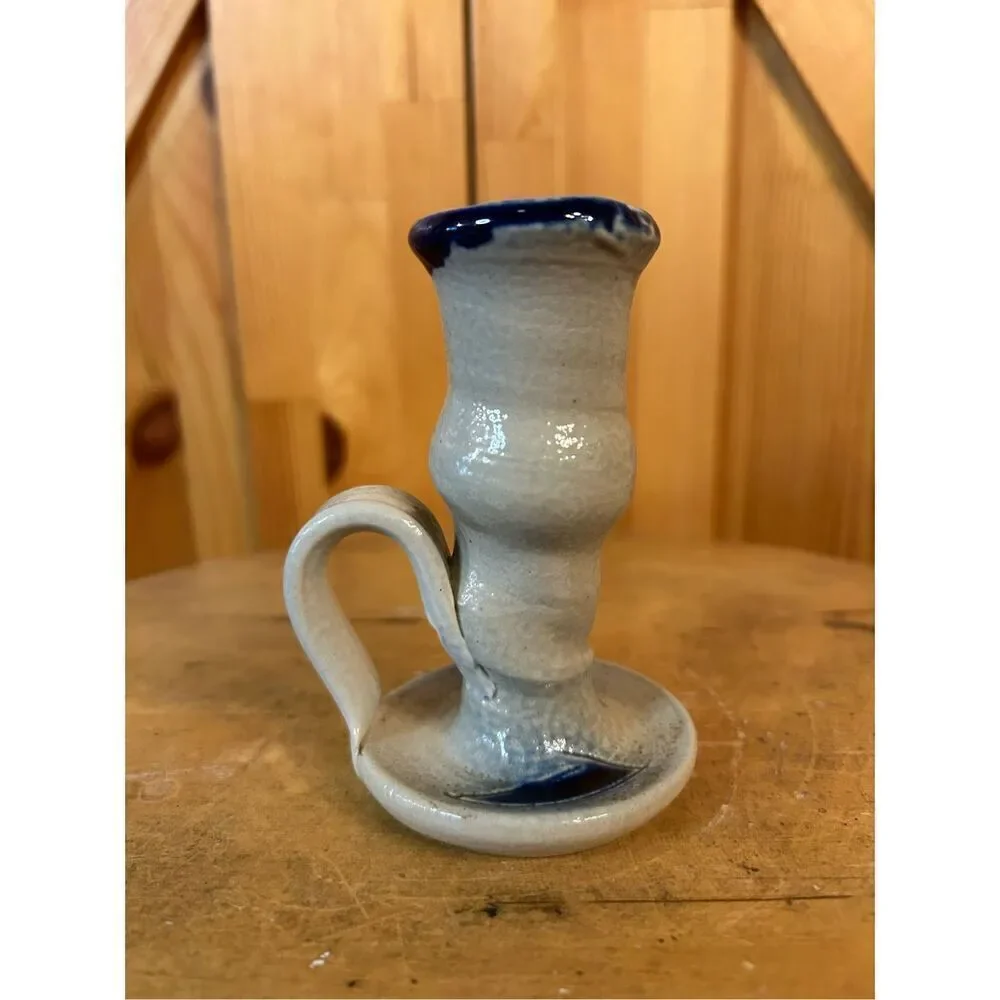 Salt Glaze Pottery Chamberstick Candle Holder with Cobalt (8186)