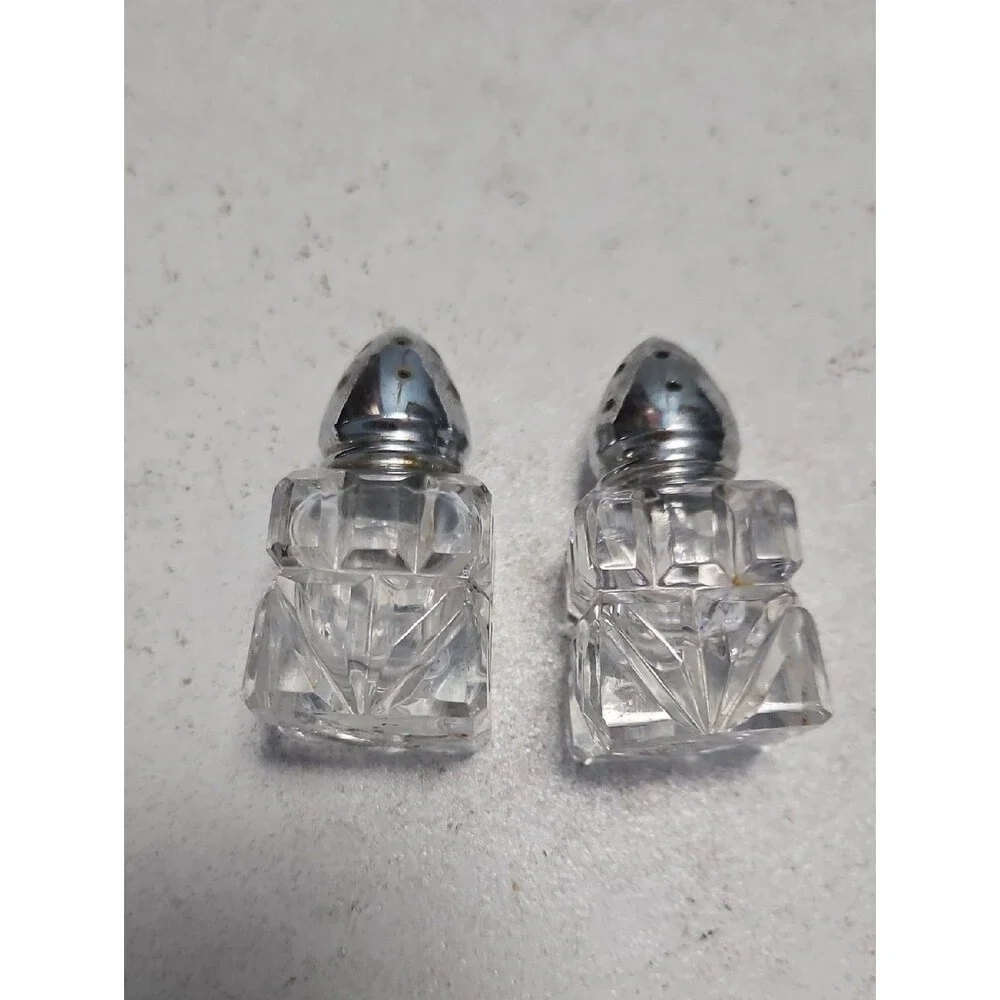 Vintage Cut Crystal Salt and Pepper Shakers - Clear Glass with Silver Tone Tops