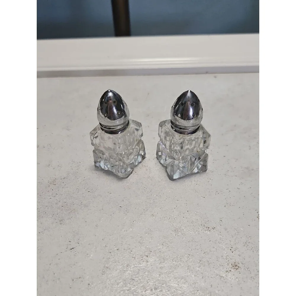 Vintage Cut Crystal Salt and Pepper Shakers - Clear Glass with Silver Tone Tops