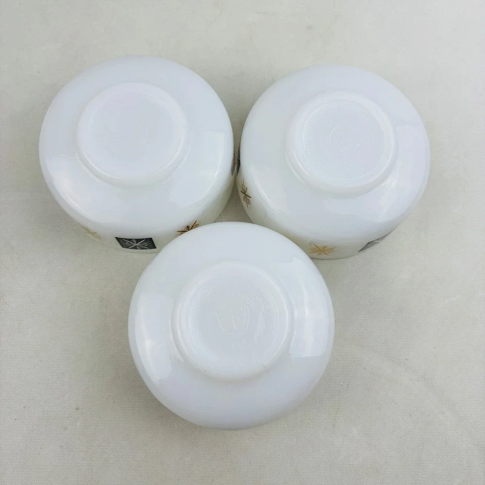 Vtg Federal Snowflake Atomic Starburst Milk Glass 3‎ Bowl Set Black Gold 1 Cup