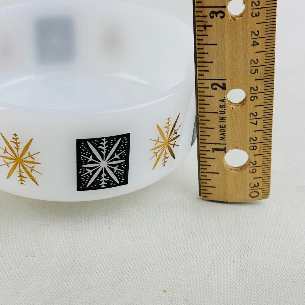 Vtg Federal Snowflake Atomic Starburst Milk Glass 3‎ Bowl Set Black Gold 1 Cup