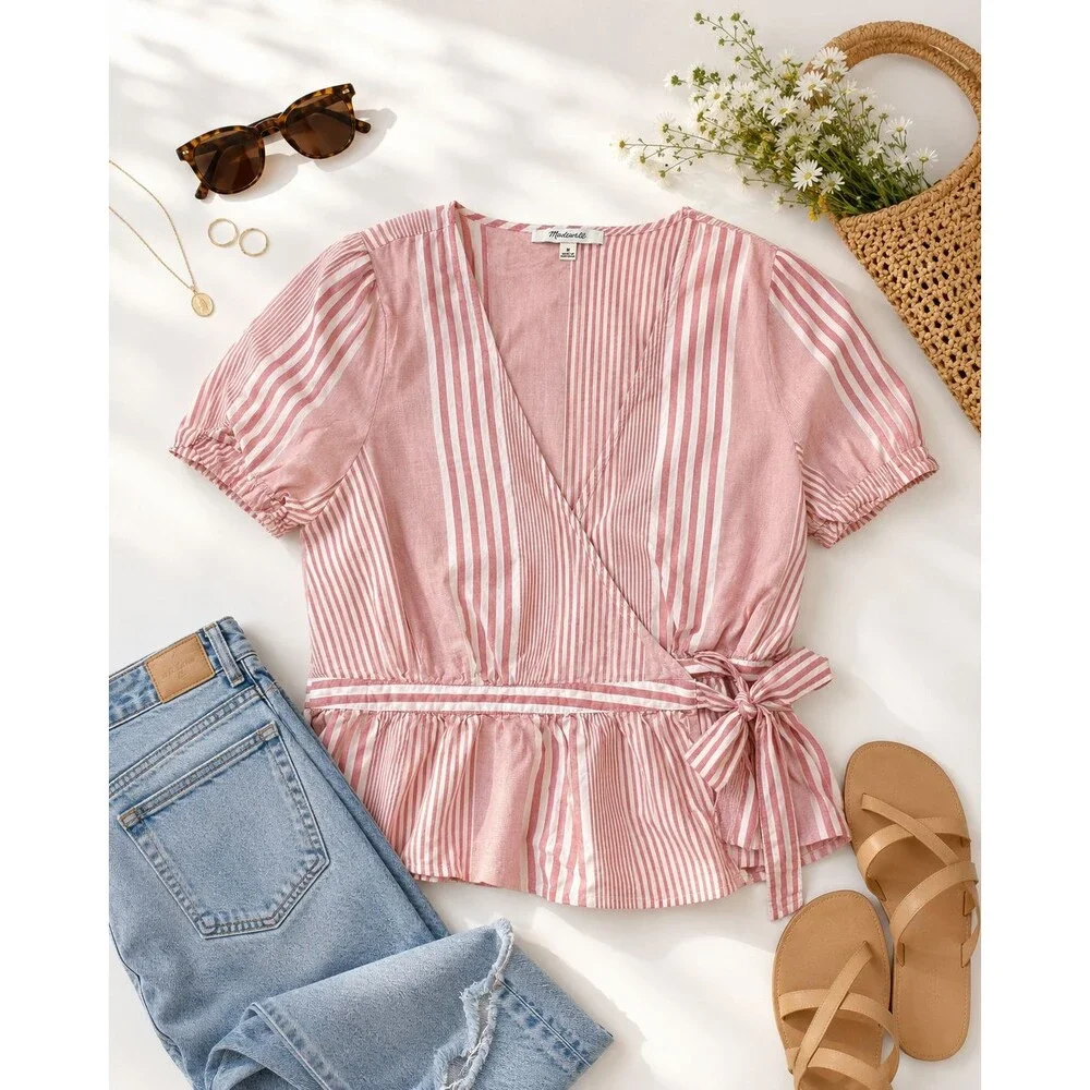 Madewell Womens M Pink White Stripe Wrap Peplum Blouse Cotton Tie Waist