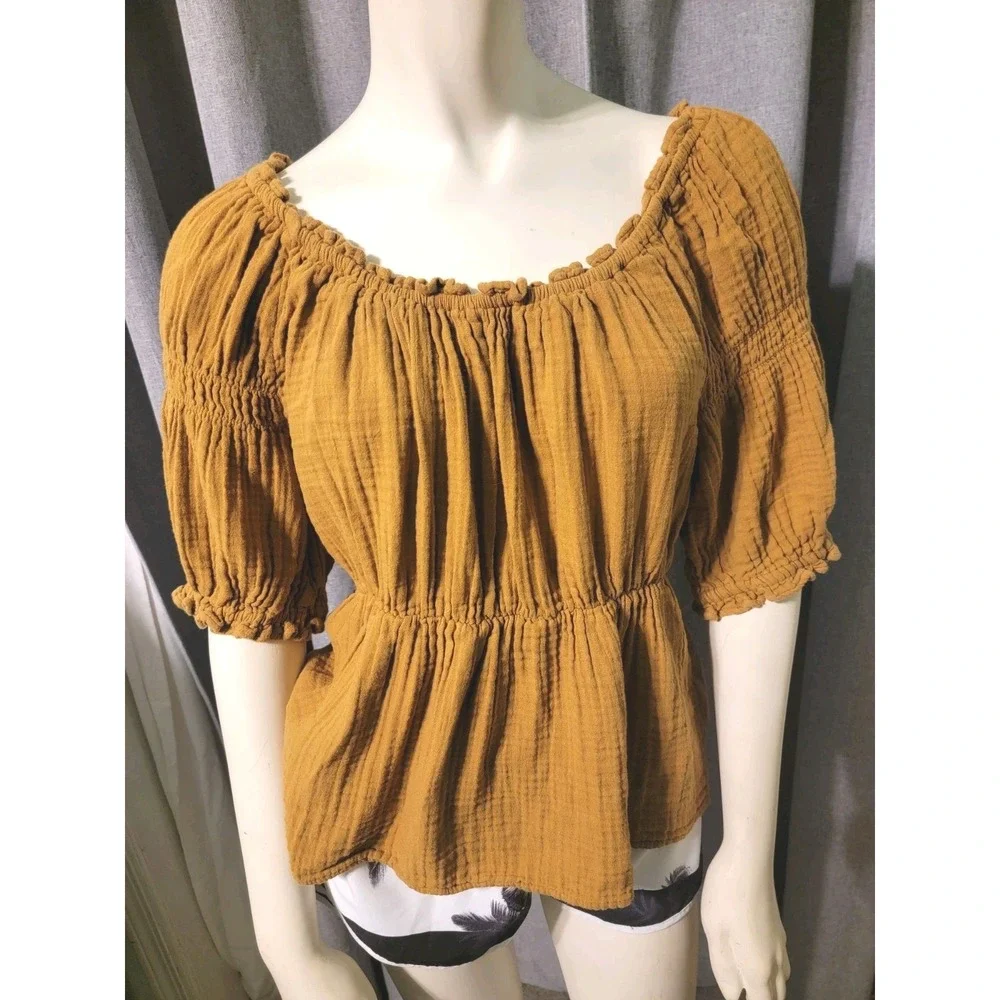 Puff Sleeve Caramel Brown Shirred Cotton Babydoll‎ Blouse SZ M Milkmaid Old Navy