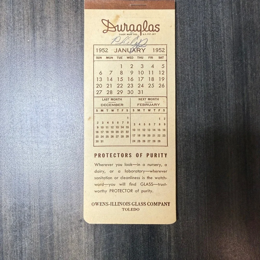 Duraglas 1952 Calendar Memo Pad Vintage Recipe Card Collectible‎ Toledo