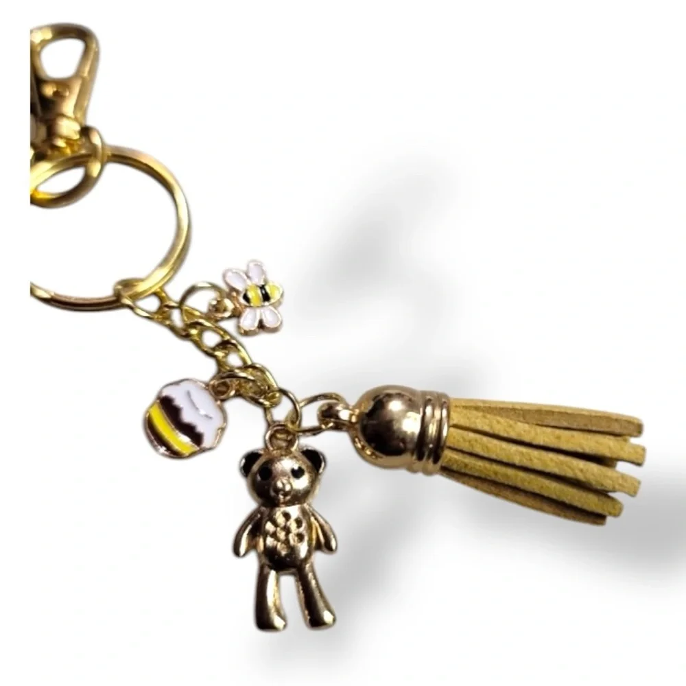 Bag Cham Key Chain with Tassel and Charms - Bear, Bee, Cupcake - Gold NIP