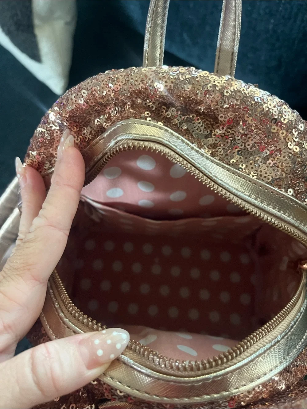 Loungefly Rose Gold Sequin Mini Backpack with Metallic Bow