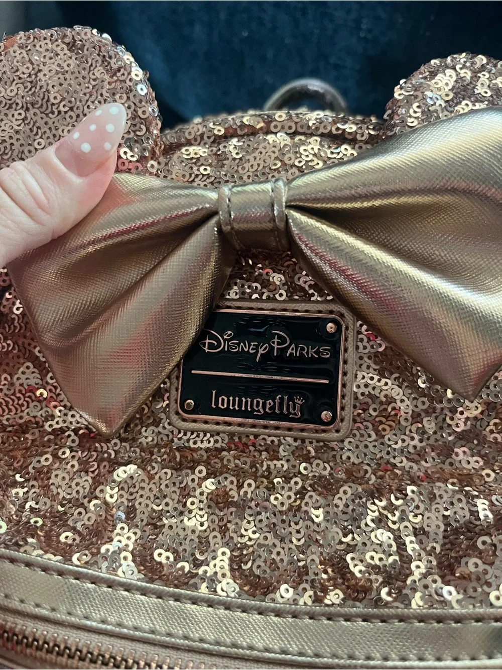 Loungefly Rose Gold Sequin Mini Backpack with Metallic Bow