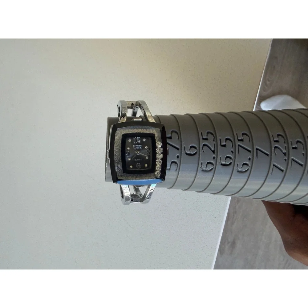 Cruise Club Square Face Quartz Watch Silver Tone Cuff Bangle Black Dial Crystals