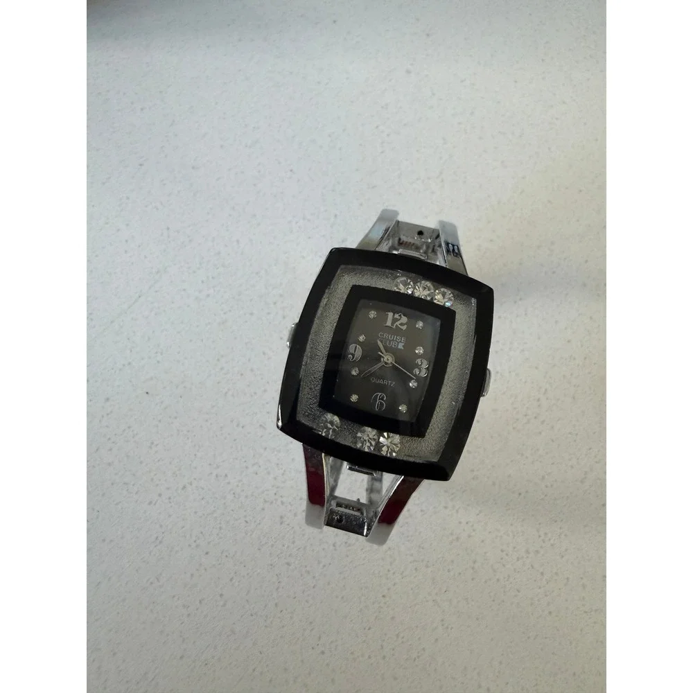 Cruise Club Square Face Quartz Watch Silver Tone Cuff Bangle Black Dial Crystals