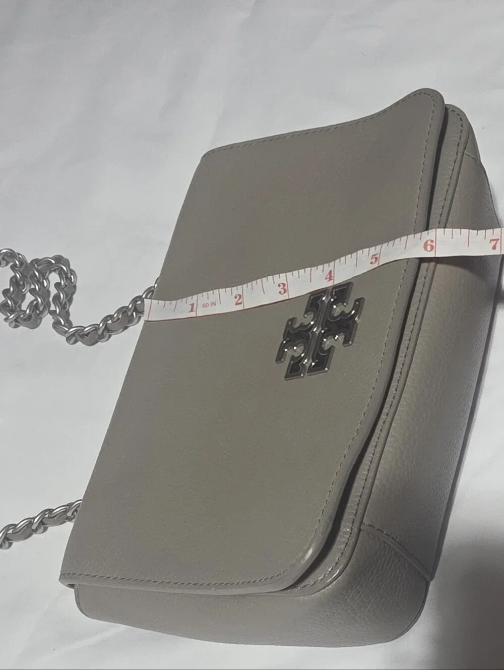Tory Burch Taupe Pebbled Leather Flap Crossbody Shoulder Bag Silver Chain
