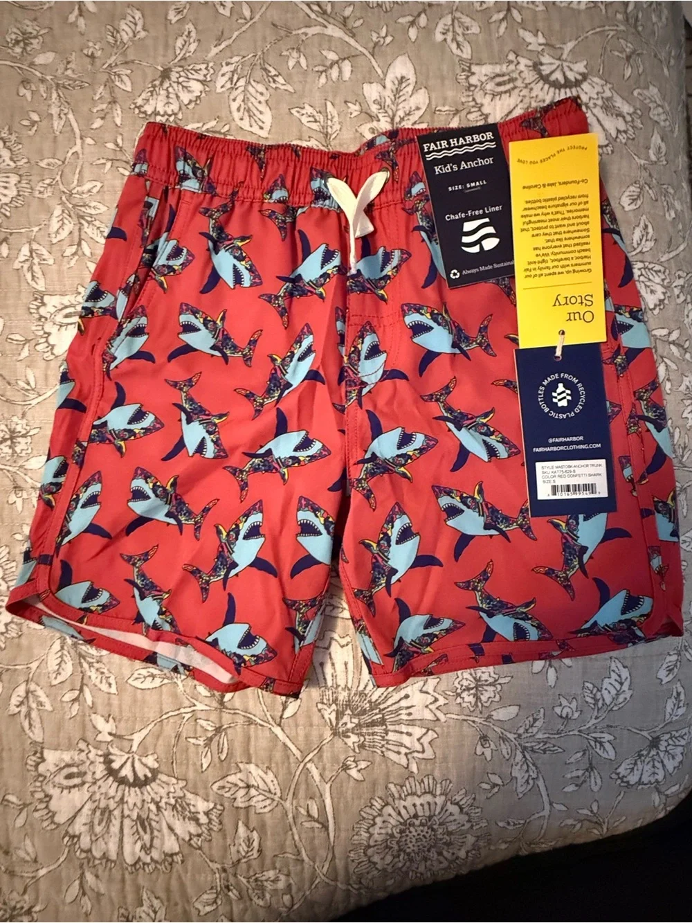 Fair Harbor Kids Red Swim Trunks with Blue Shark Print - New with tag