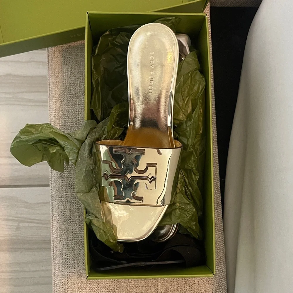 Tory Burch Metallic Gold Slide Sandals with Logo Accent