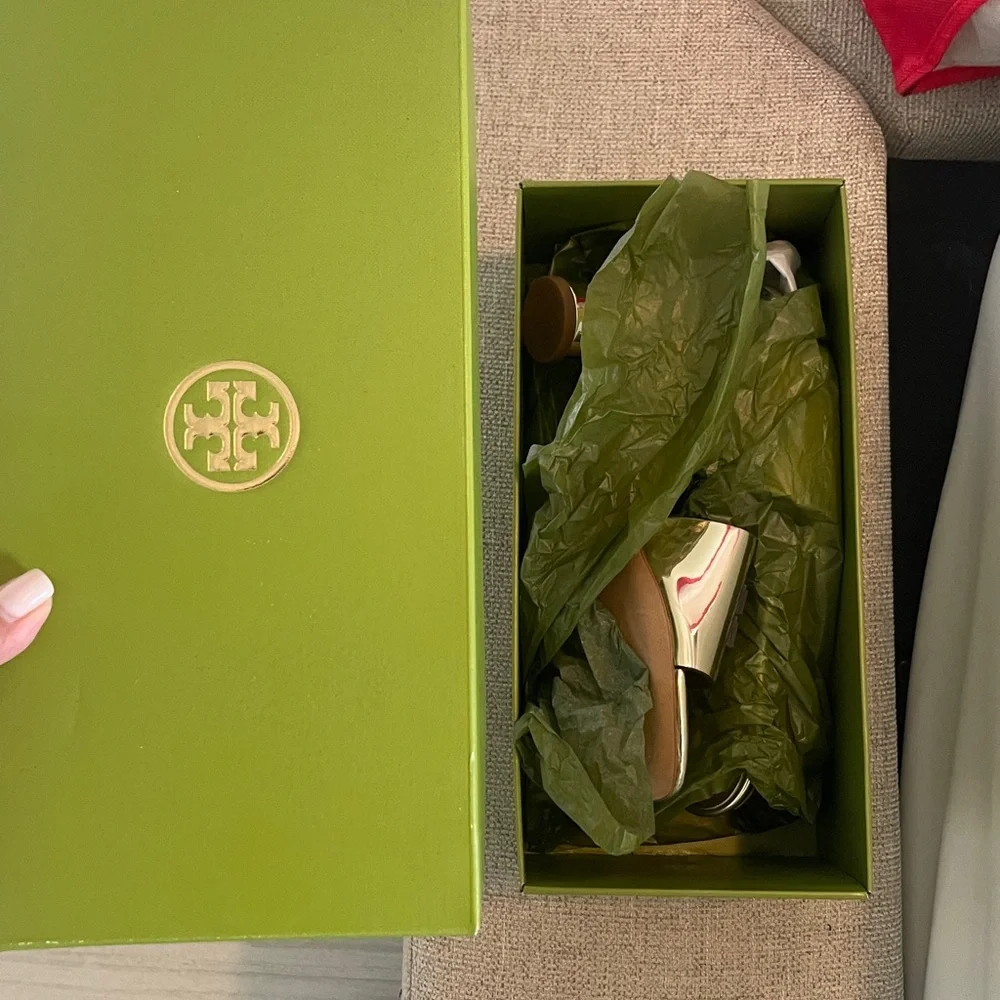 Tory Burch Metallic Gold Slide Sandals with Logo Accent