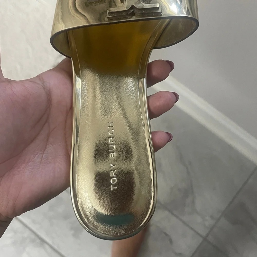 Tory Burch Metallic Gold Slide Sandals with Logo Accent