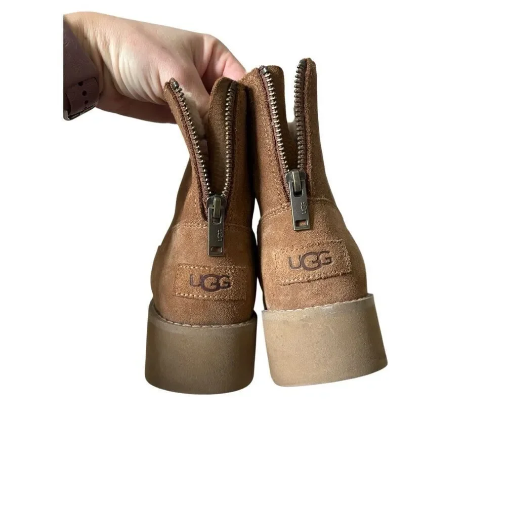 UGG Classic Rising‎ Heel Platform Zip Boots size 7 Suede Tan Chestnut