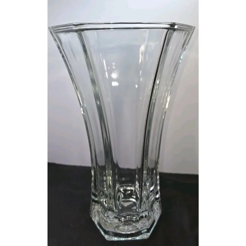 Vintage Hoosier Glass Clear Flared Hexagon Vase #4041 10.25” Panel Ribbon