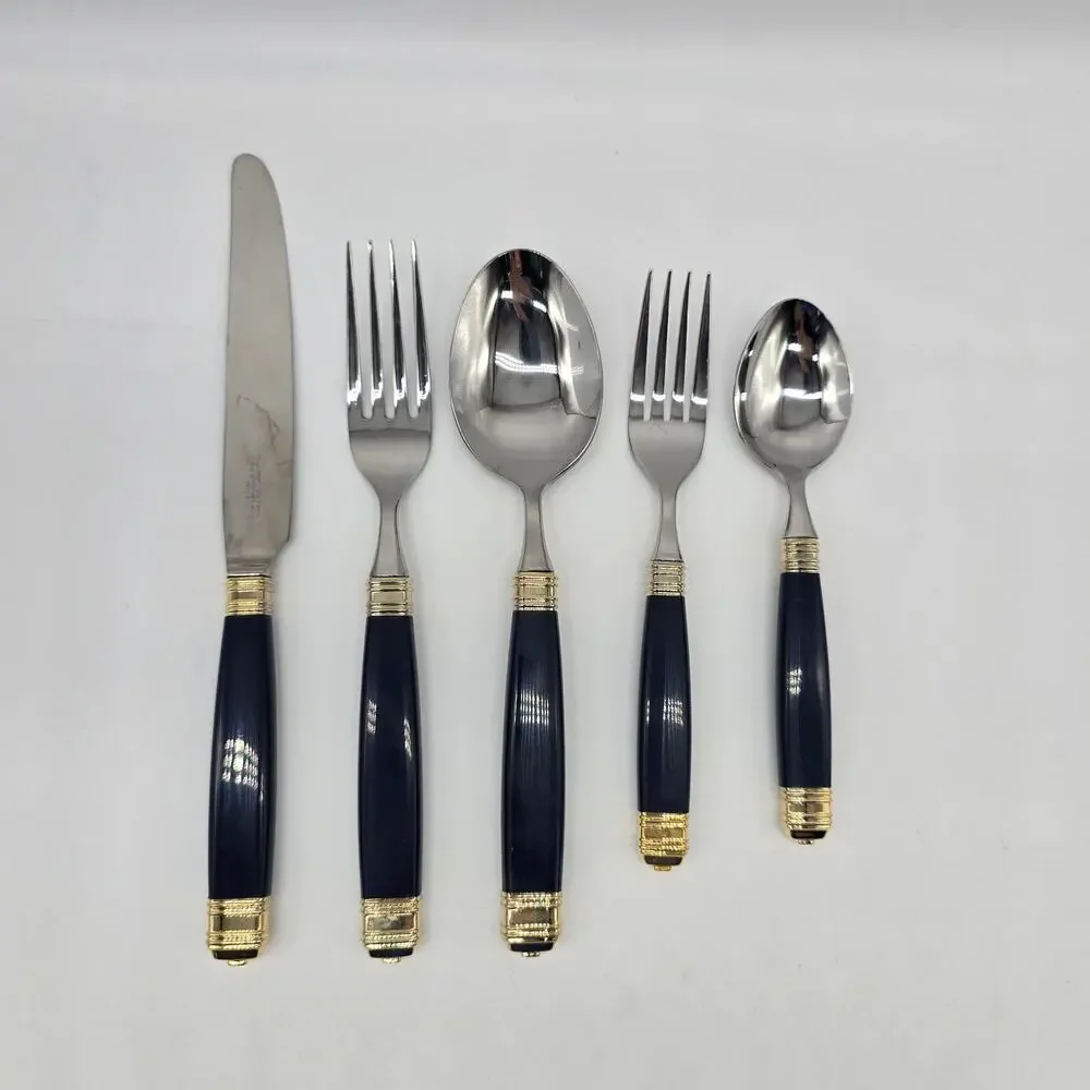 VTG Laslo Mikasa Continental-Navy Gold Stainless Flatware 5 Piece Place Setting