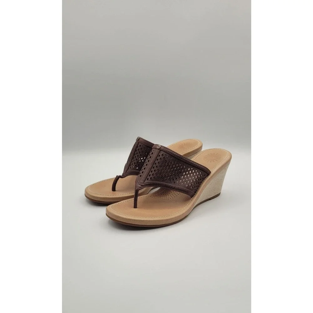 UGG Solena Women's Wedge Sandals 7.5 Brown Leather Perforated Comfort Thong