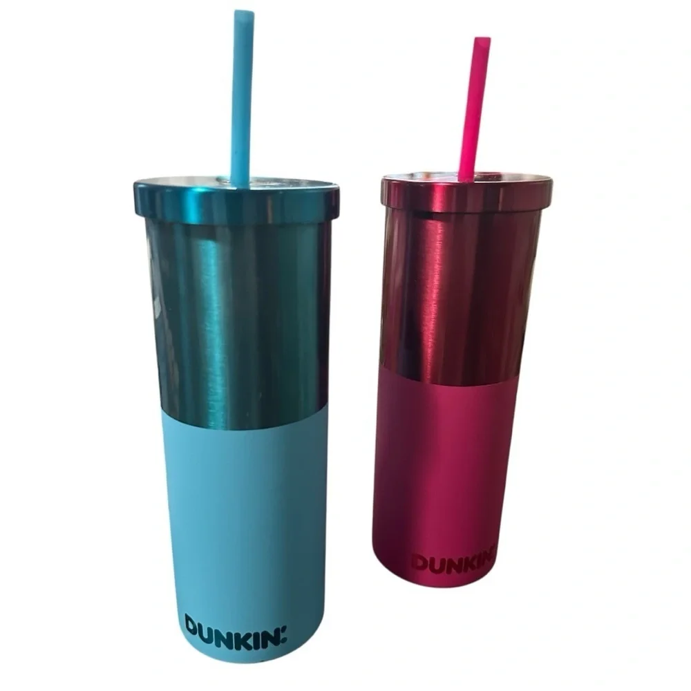Dunkin' 20 oz. Polished Stainless Steel Sipper Tumblers Blue & Pink Siz 20oz