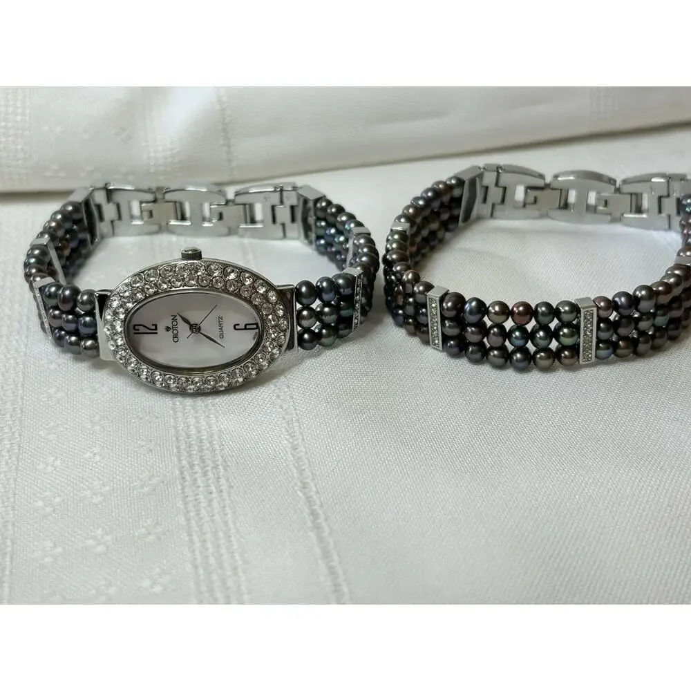 Croton Women's Mother of Pearl Watch & Bracelet Set Crystal Halo Tahitian Pearl
