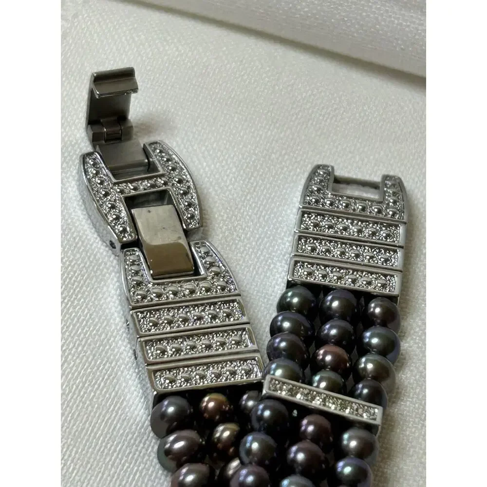Croton Women's Mother of Pearl Watch & Bracelet Set Crystal Halo Tahitian Pearl