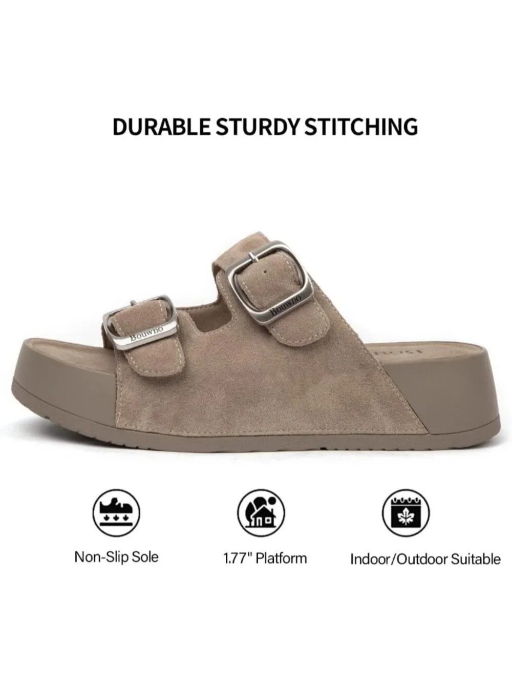 Women's Apricot Slide Buckle Genuine Leather Slip on Beach Platform Sandal Shoes