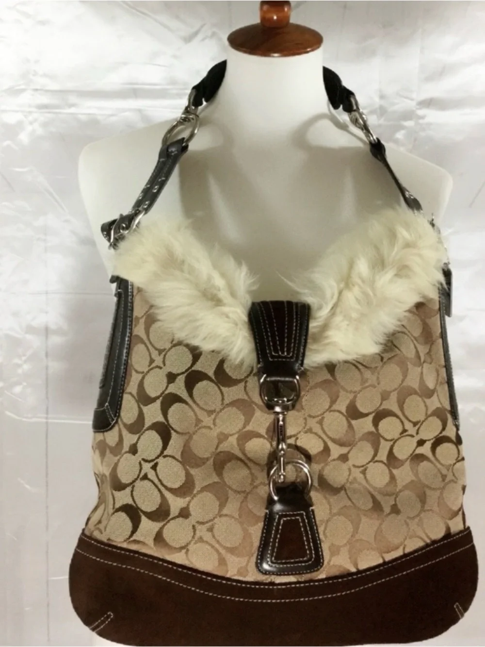 Coach Brown Signature Hobo with Cream Fur Trim