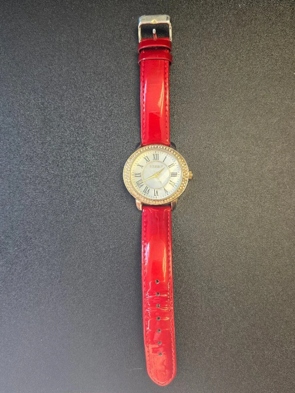 Red Patten Leather Wrist Watch with Roman Numerals
