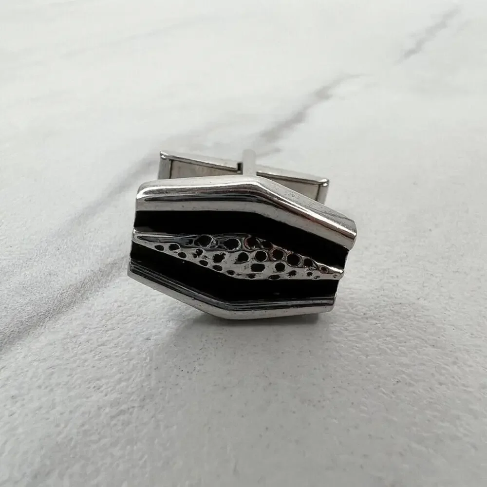 Vintage Silver Tone and Black Single Cufflink