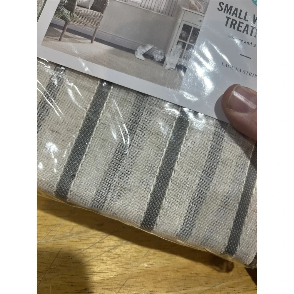 Martha Stewart Small Window Curtain‎ Set Tiers Valance Gray Laguna Stripe Woven