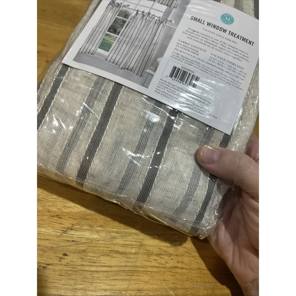 Martha Stewart Small Window Curtain‎ Set Tiers Valance Gray Laguna Stripe Woven