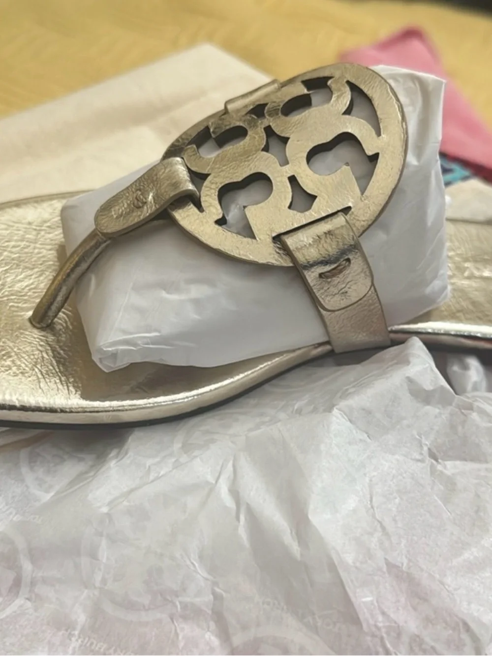 Tory Burch Gold Metallic Thong Sandal with Decorative Medallion