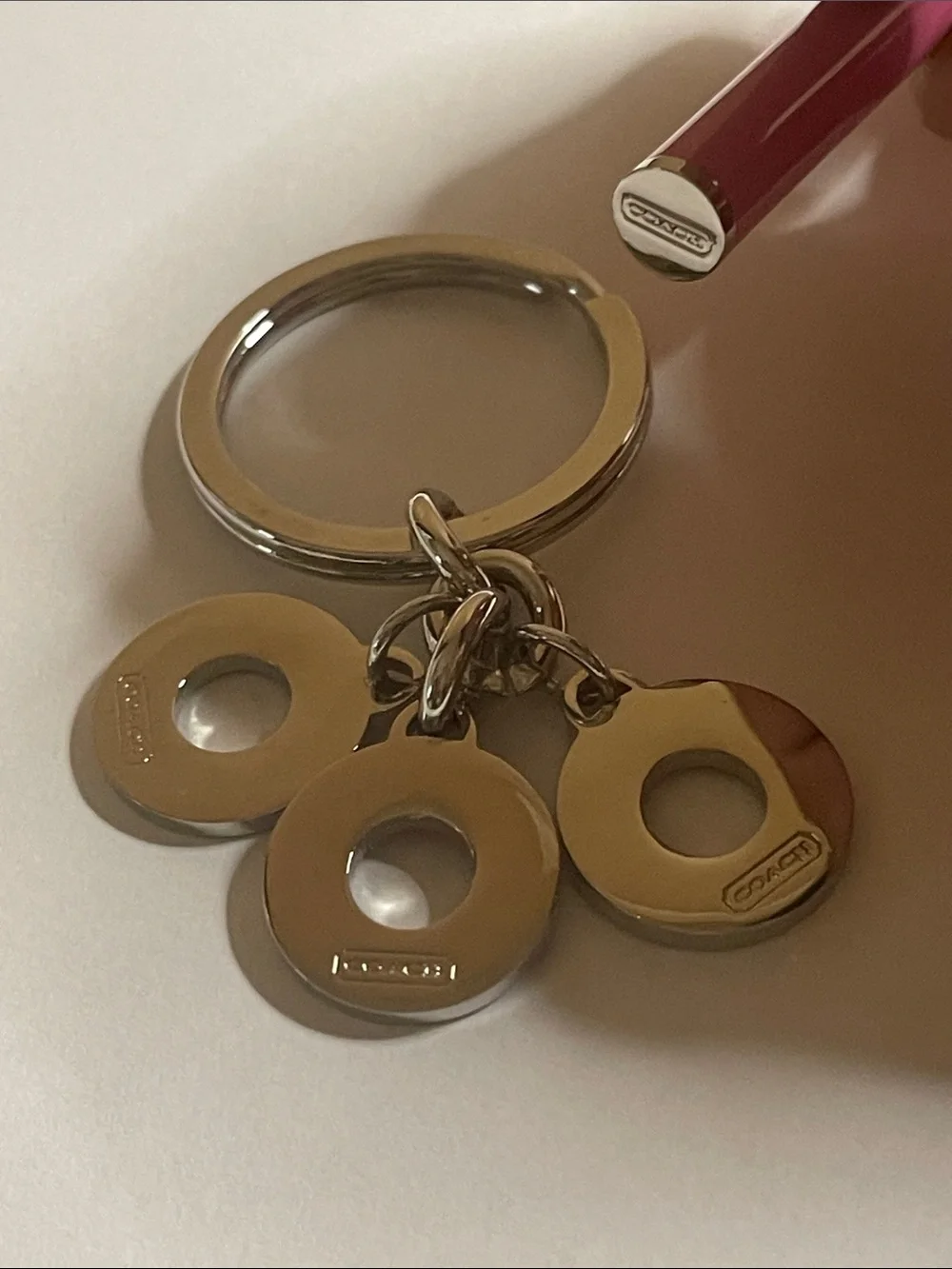 Coach Pink Enamel Triple Disc Keyring Charm and Coach Pen
