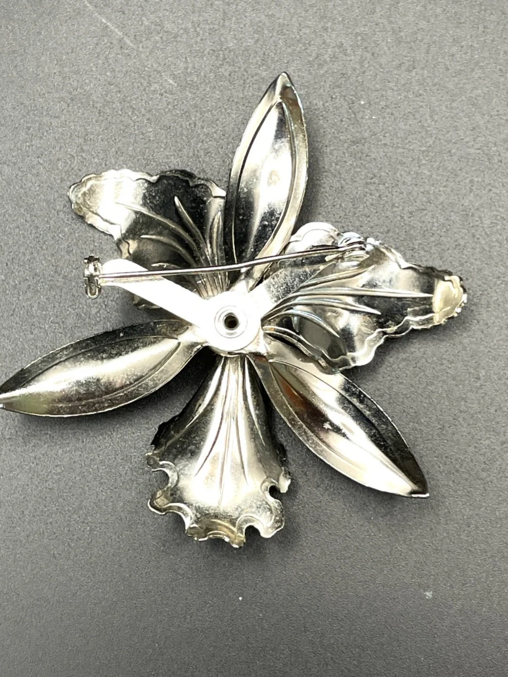 Vintage Mid-Century Silver Tone Orchid Pin Brooch