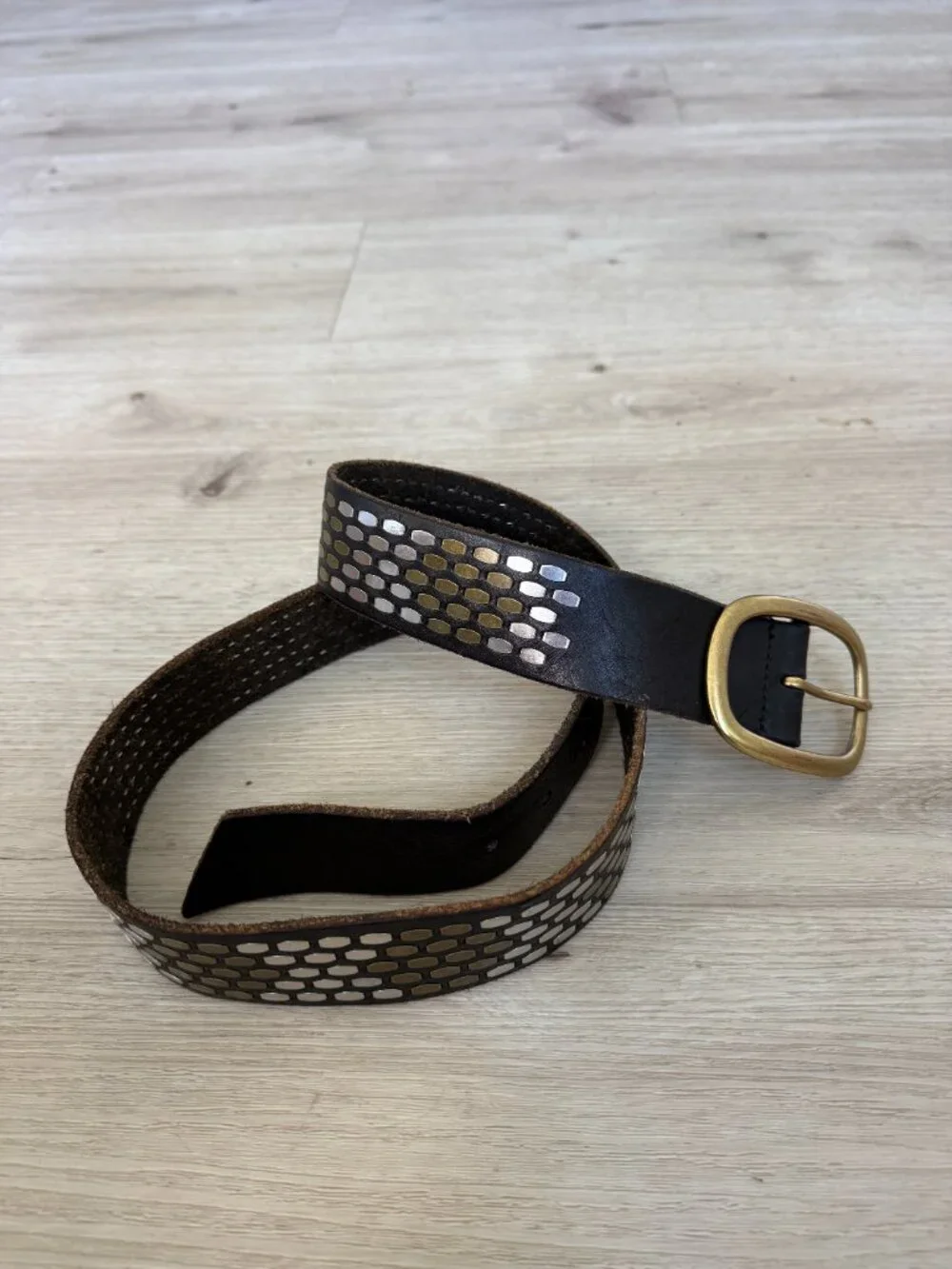 Leather Studded Belt Brown Mixed Metal Silver Brass Boho Western Festival Medium
