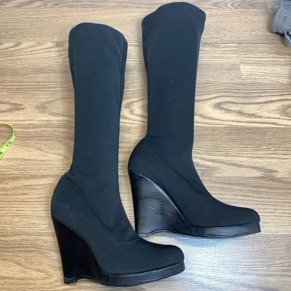 Colin Stuart Womens Sz 7.5 Platform Wedge Heel with Stretch Calf High Boot Black