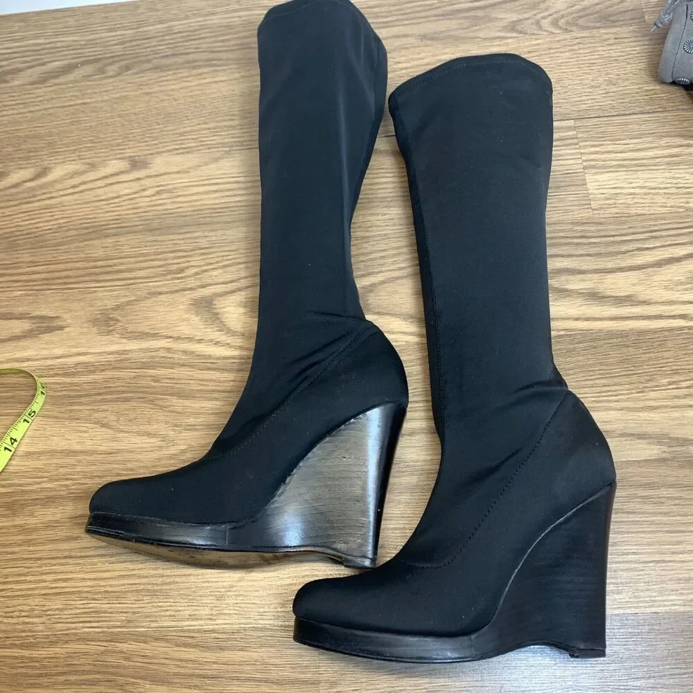 Colin Stuart Womens Sz 7.5 Platform Wedge Heel with Stretch Calf High Boot Black